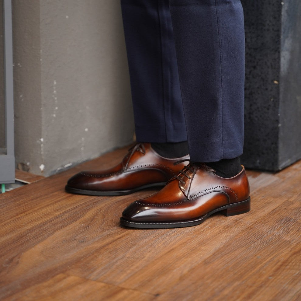 Lusso & FINO | Tan Leather Oviedo Lace-Up Derby Shoes For Men's