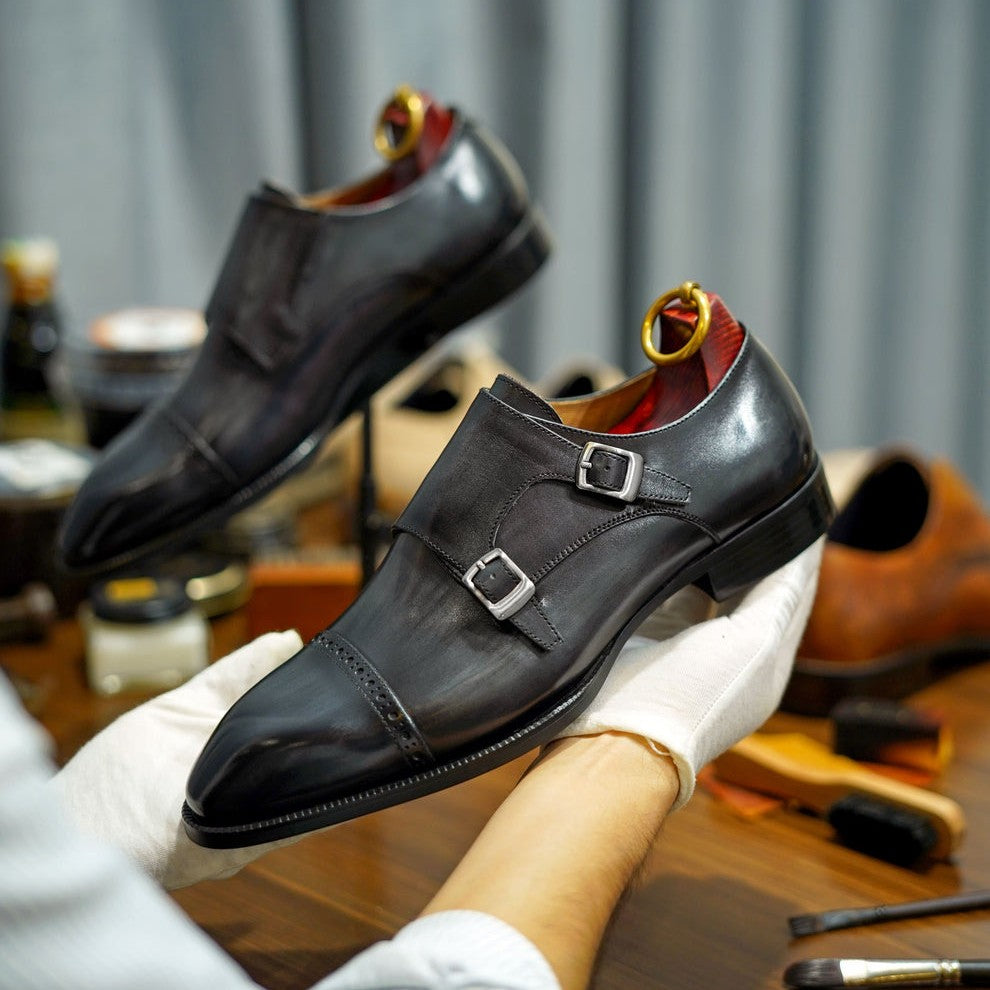 LUSSO & FINO | Elegant Gray Leather double Monk Strap Dress Shoe For Men's