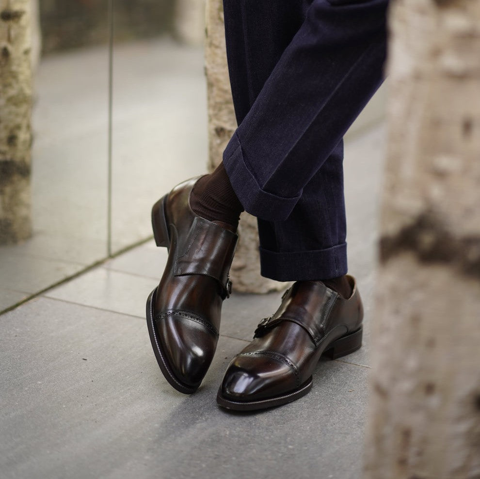 LUSSO & FINO | Patina Finished Double Monk Strap Brown Dress Shoes For Men's
