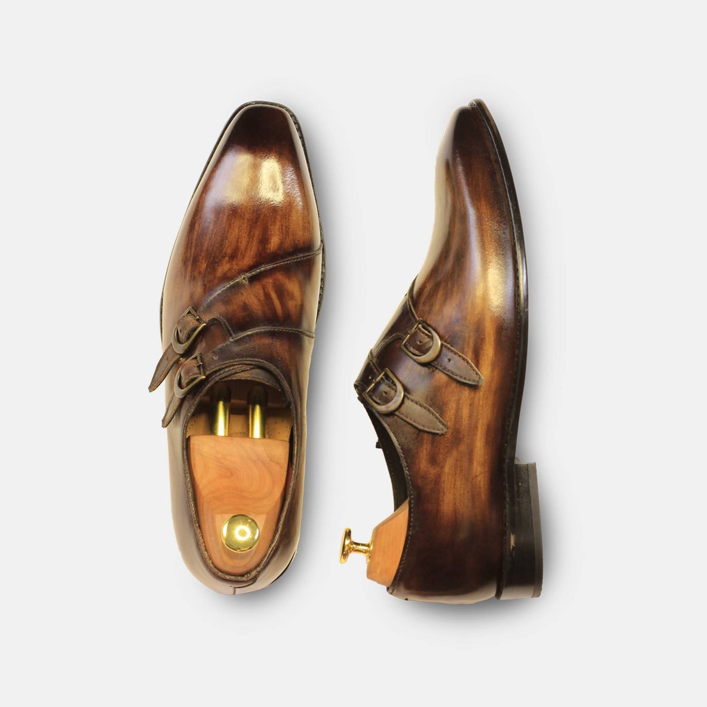 Wooden Brown Double Monk Strap Formal Leather Shoe For Men