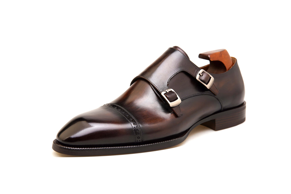 LUSSO & FINO | Patina Finished Double Monk Strap Brown Dress Shoes For Men's
