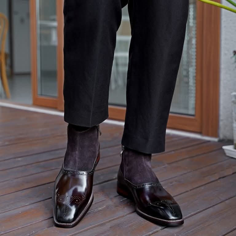 Lusso | FINO Dark Brown and Suede Leather Brouge Chelsea Boot For Men's