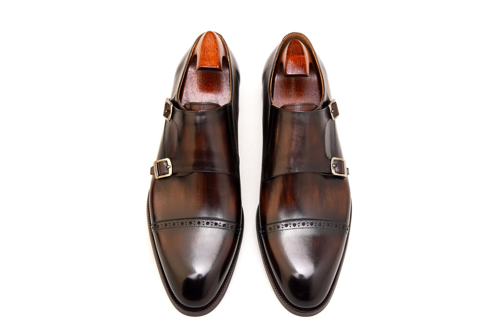 LUSSO & FINO | Patina Finished Double Monk Strap Brown Dress Shoes For Men's
