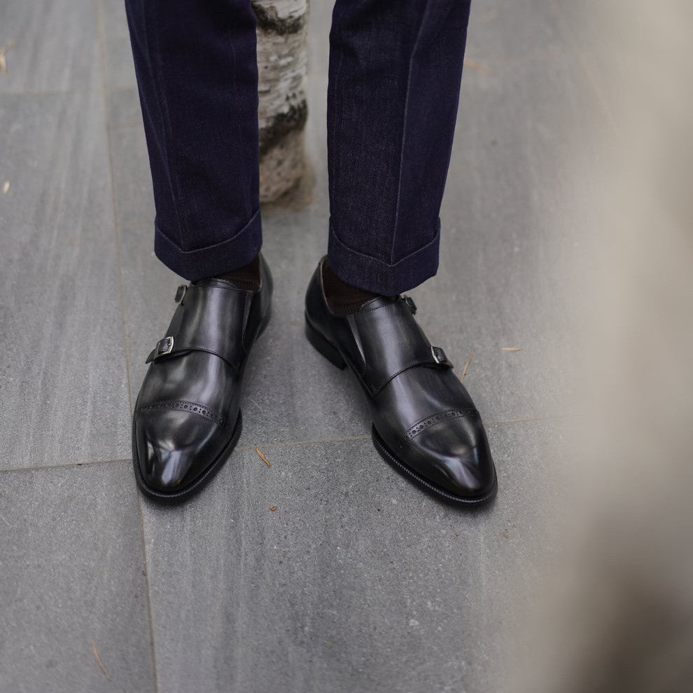 LUSSO & FINO | Elegant Gray Leather double Monk Strap Dress Shoe For Men's