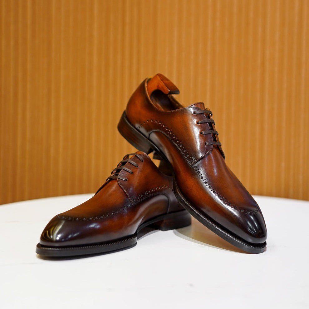 Lusso & FINO | Tan Leather Oviedo Lace-Up Derby Shoes For Men's
