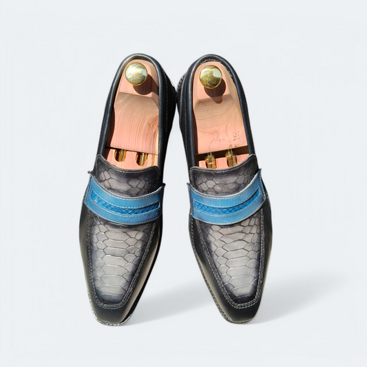 Grey & Black Python Skin Loafer Premium Shoe For Men