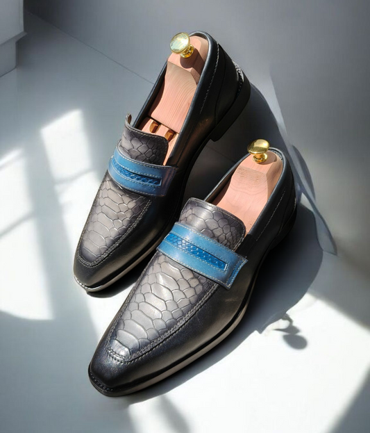 Grey & Black Python Skin Loafer Premium Shoe For Men