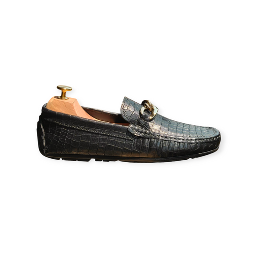 Black Shadow Luxe Crocodile-Textured Loafer Premium Shoe With Golden Accent For Men