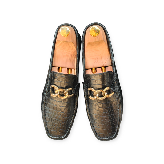 Black Shadow Luxe Crocodile-Textured Loafer Premium Shoe With Golden Accent For Men