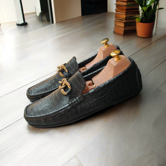 Black Shadow Luxe Crocodile-Textured Loafer Premium Shoe With Golden Accent For Men