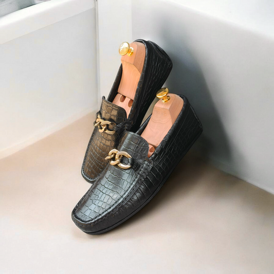 Black Shadow Luxe Crocodile-Textured Loafer Premium Shoe With Golden Accent For Men