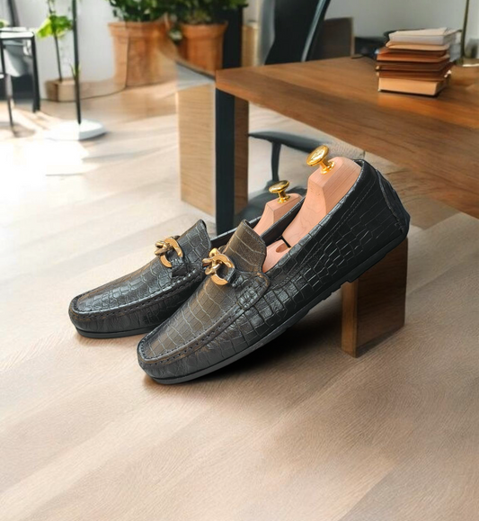 Black Shadow Luxe Crocodile-Textured Loafer Premium Shoe With Golden Accent For Men