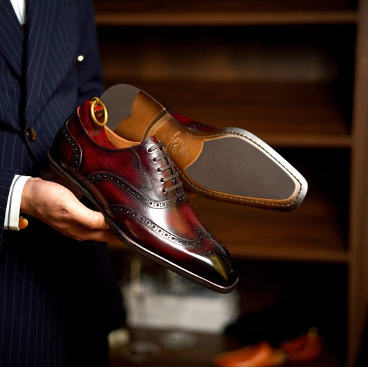 Lusso & FINO | Men's Bordeaux Hand - Patina Wingtips Oxford Shoes