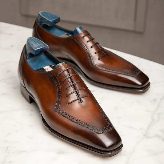 Lusso & FINO | Tan Leather Toe Cap Oxford Shoes For Men's