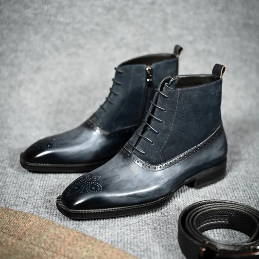 Lusso | FINO Patina Finished Gray with Suede & Zip Detail Boot For Men's