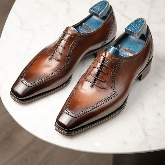 Lusso & FINO | Tan Leather Toe Cap Oxford Shoes For Men's