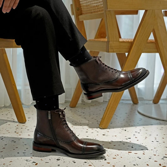 Lusso | FINO Brown Leather Patina Finished Zip-up  Boot For Men's