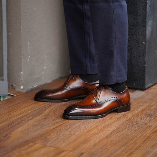 Lusso & FINO | Tan Leather Oviedo Lace-Up Derby Shoes For Men's