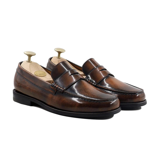 Lusso| FINO  MILANO Men's Crust Leather Loafers in Rich Patina Brown.