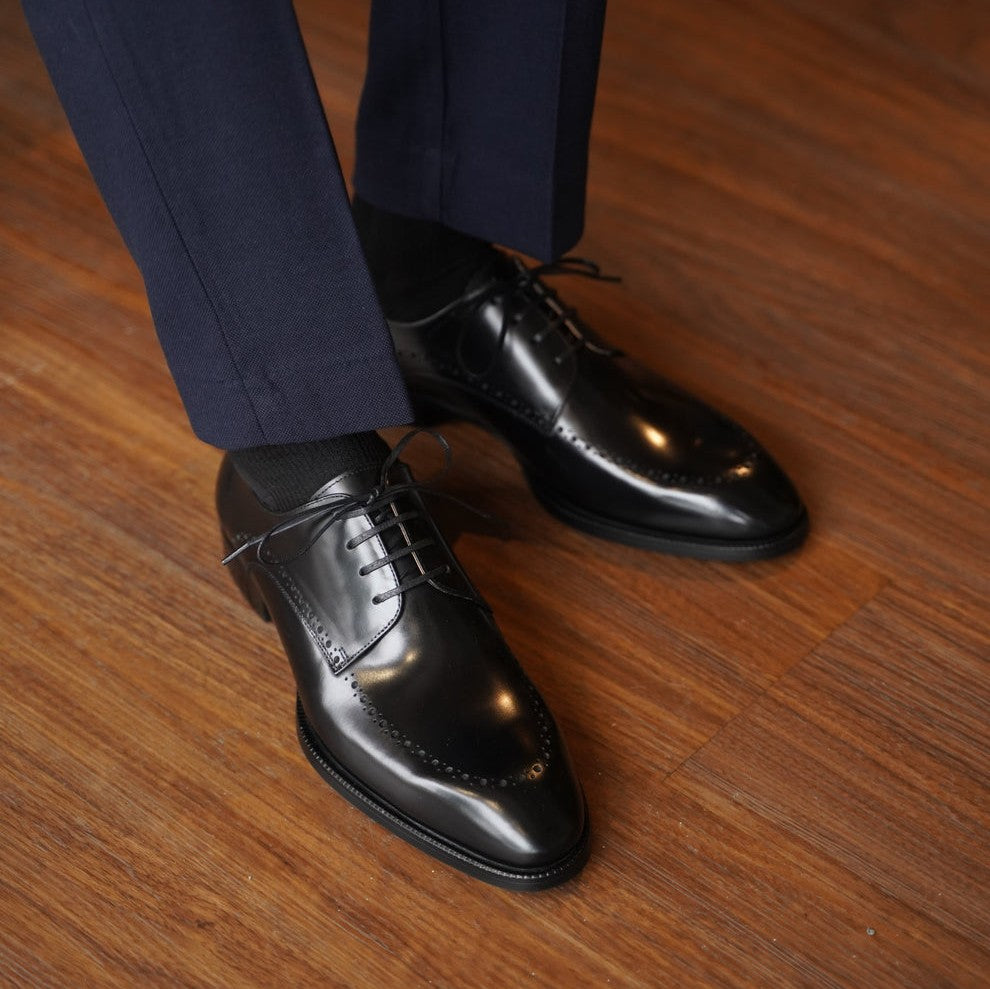 Lusso & FINO | Polished Black Derby Half Brouge Shoe for Men's