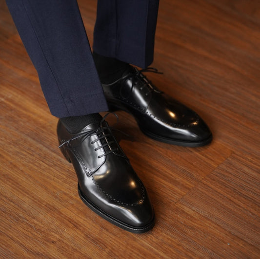 Lusso & FINO | Polished Black Derby Half Brouge Shoe for Men's