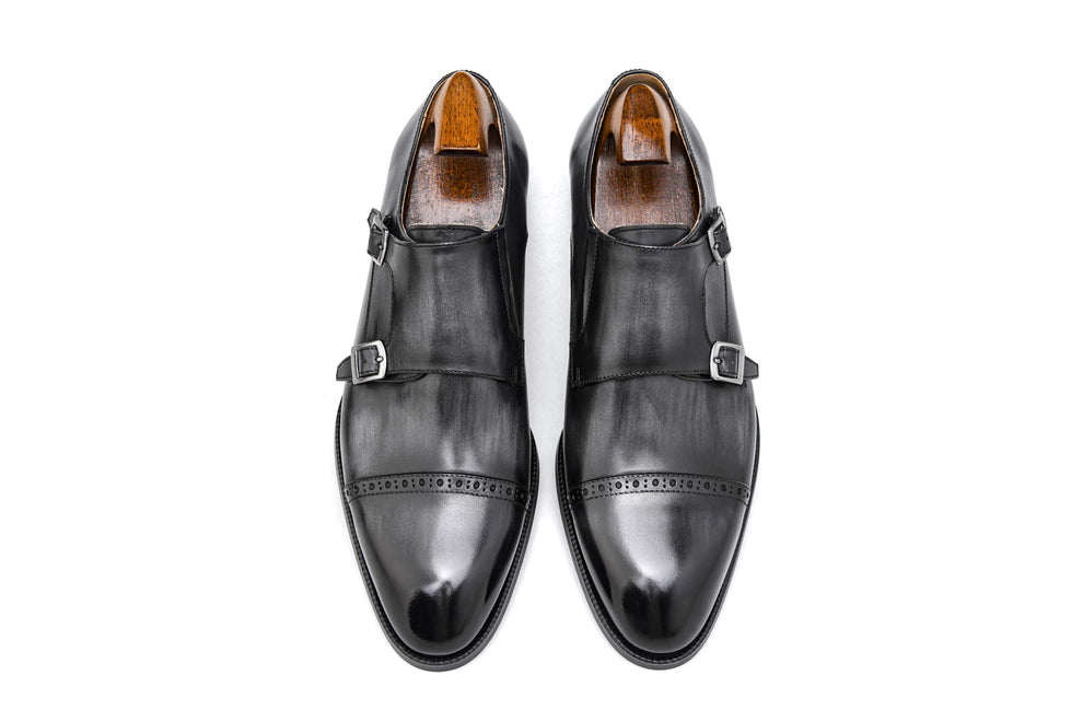 LUSSO & FINO | Elegant Gray Leather double Monk Strap Dress Shoe For Men's