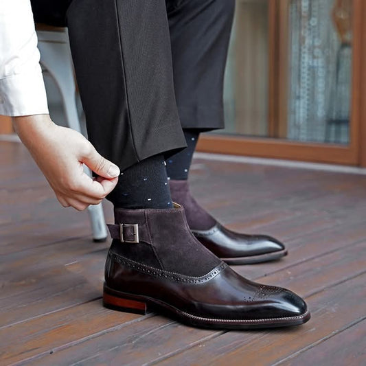 Lusso | FINO Dark Brown and Suede Leather Brouge Chelsea Boot For Men's