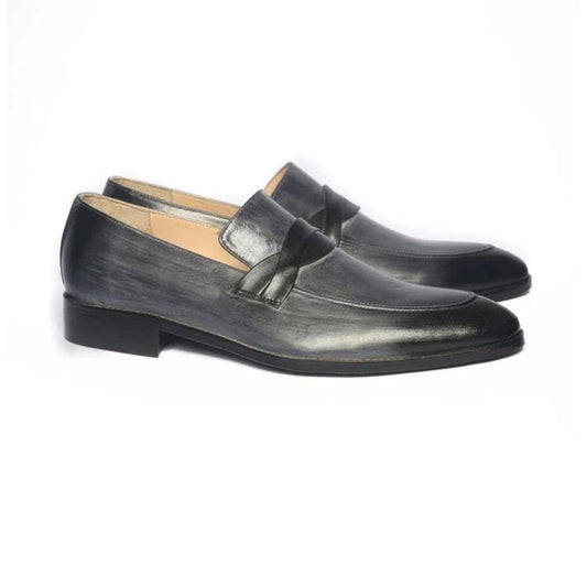Lusso|FINO  ROMANO Men’s Sleek Grey Slip-On Leather Loafers