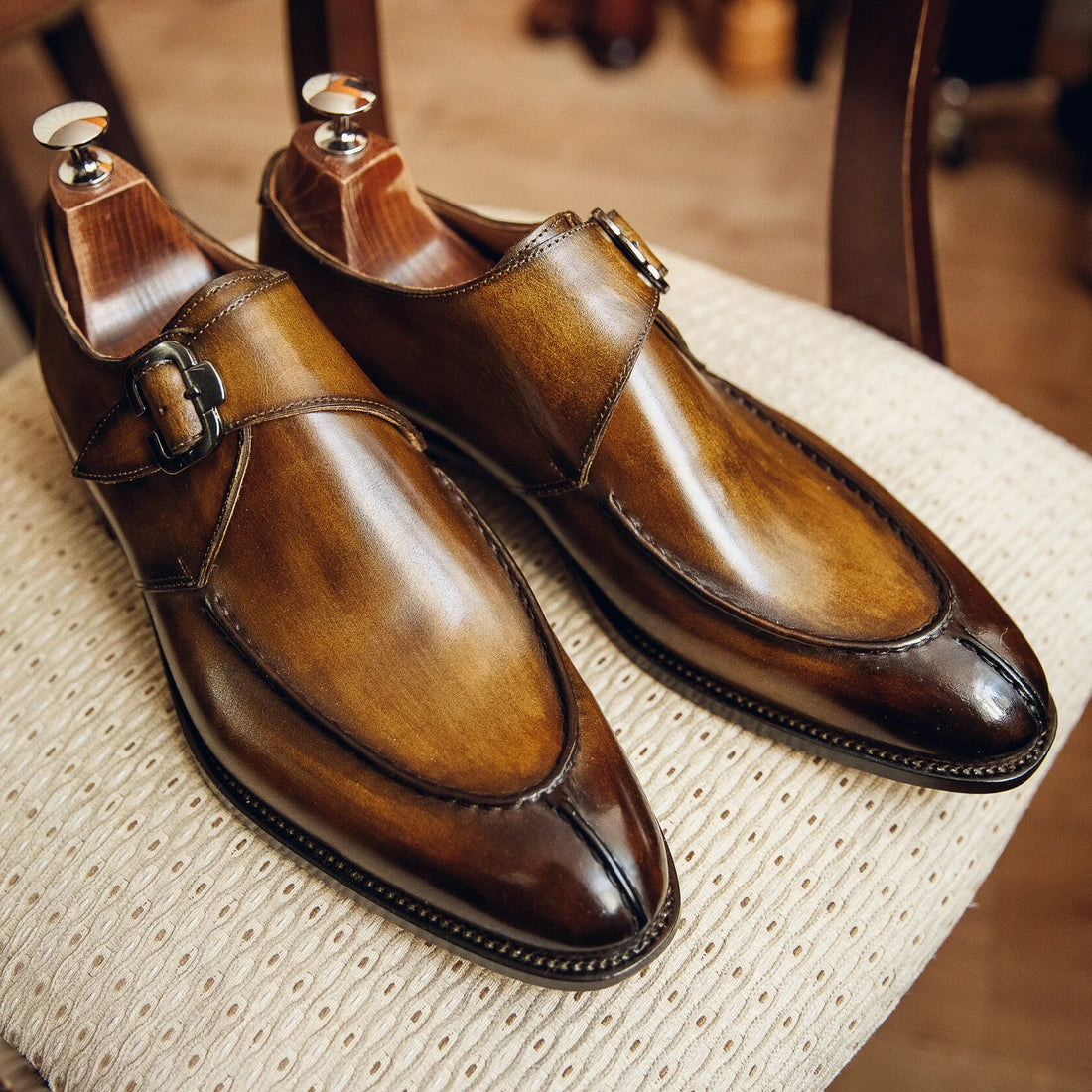 Regale Burnished Leather Double Monk Shoes