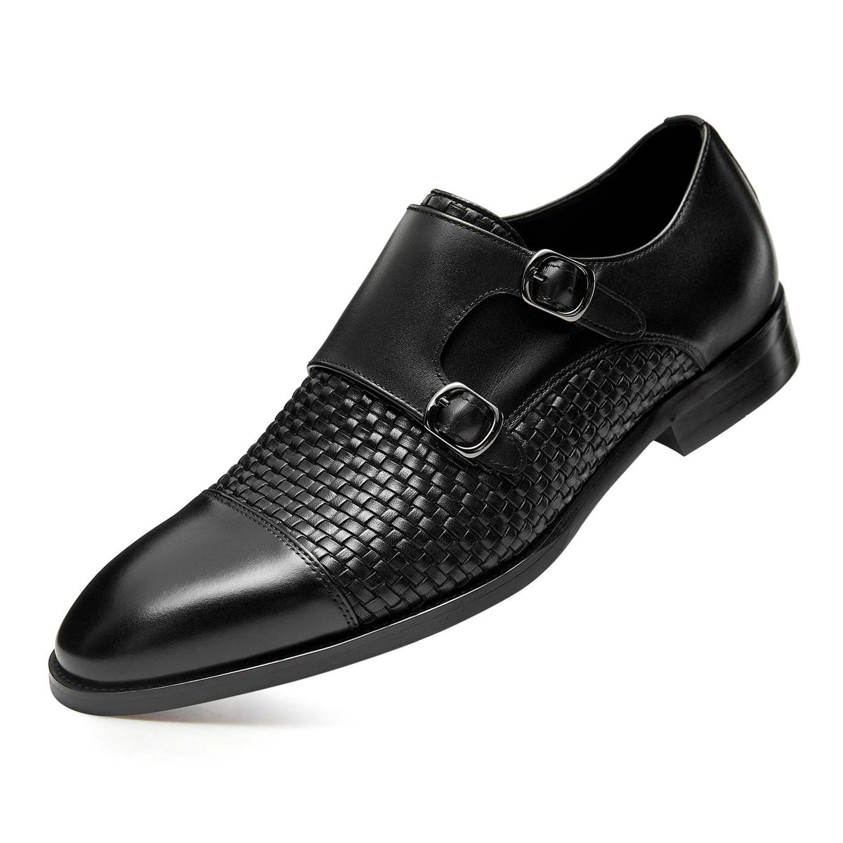 Textured Black Leather Twin Monk Shoe fit Men's