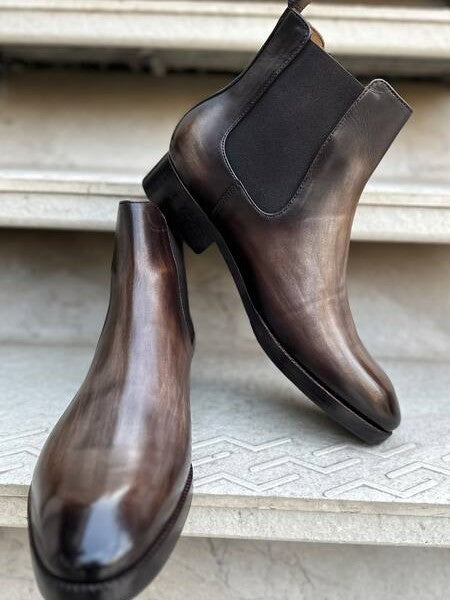 Lusso | Fino Dark Charcoal Grey Patina Finished Leather Chelsea Boot For Men's