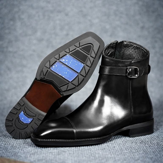 Lusso | FINO Handmade Men's Black Side Zip Crust Leather Boot