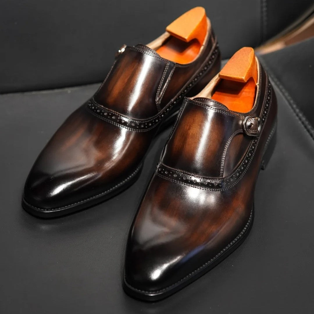 Lusso | FINO Patina Finished Deep Brown Double Monk Strap Dress Shoe For Men's