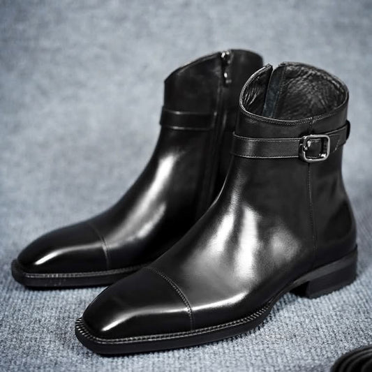 Lusso | FINO Handmade Men's Black Side Zip Crust Leather Boot