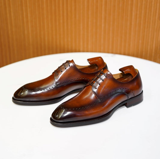Lusso & FINO | Tan Leather Oviedo Lace-Up Derby Shoes For Men's