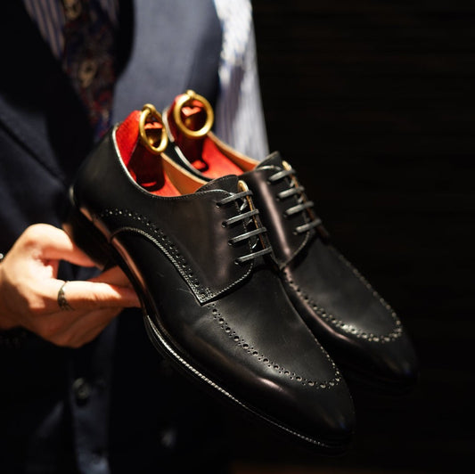 Lusso & FINO | Polished Black Derby Half Brouge Shoe for Men's