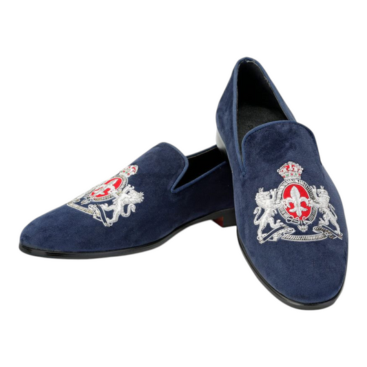 Lusso & FINO “Sovereign Bleu” Crest Velvet Loafers