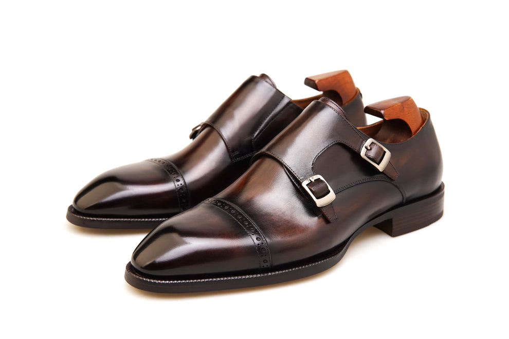 LUSSO & FINO | Patina Finished Double Monk Strap Brown Dress Shoes For Men's