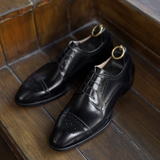 Lusso & FINO Artisan Burnished Black Cap-Toe Derby Brouge Fir Men's