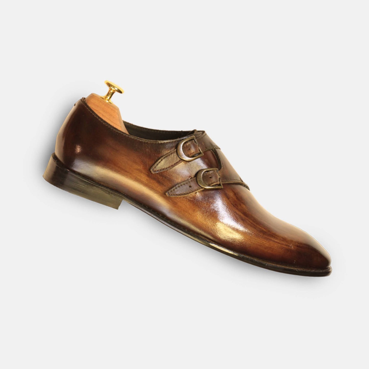 Wooden Brown Double Monk Strap Formal Leather Shoe For Men