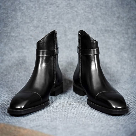Lusso | FINO Handmade Men's Black Side Zip Crust Leather Boot