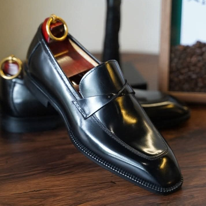 Lusso | FINO Black Leather Slip-On Toe Loafer For Men's