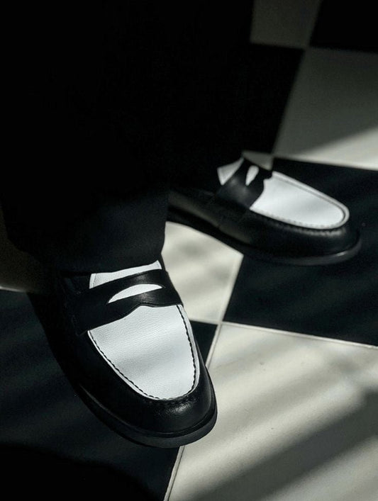 Lusso | FINO Men's Black & White leather Penny Loafer.
