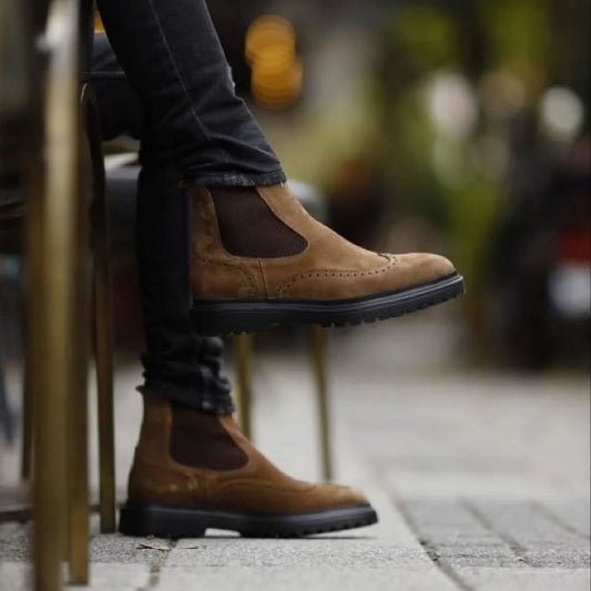 Lusso | FINO Brown Suede Leather Nubuck Chelsea Boot For Men's