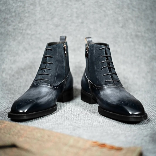 Lusso | FINO Patina Finished Gray with Suede & Zip Detail Boot For Men's