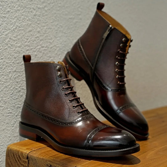 Lusso | FINO Brown Leather Patina Finished Zip-up  Boot For Men's
