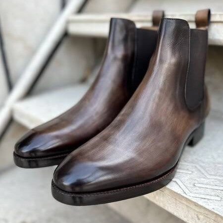 Lusso | Fino Dark Charcoal Grey Patina Finished Leather Chelsea Boot For Men's