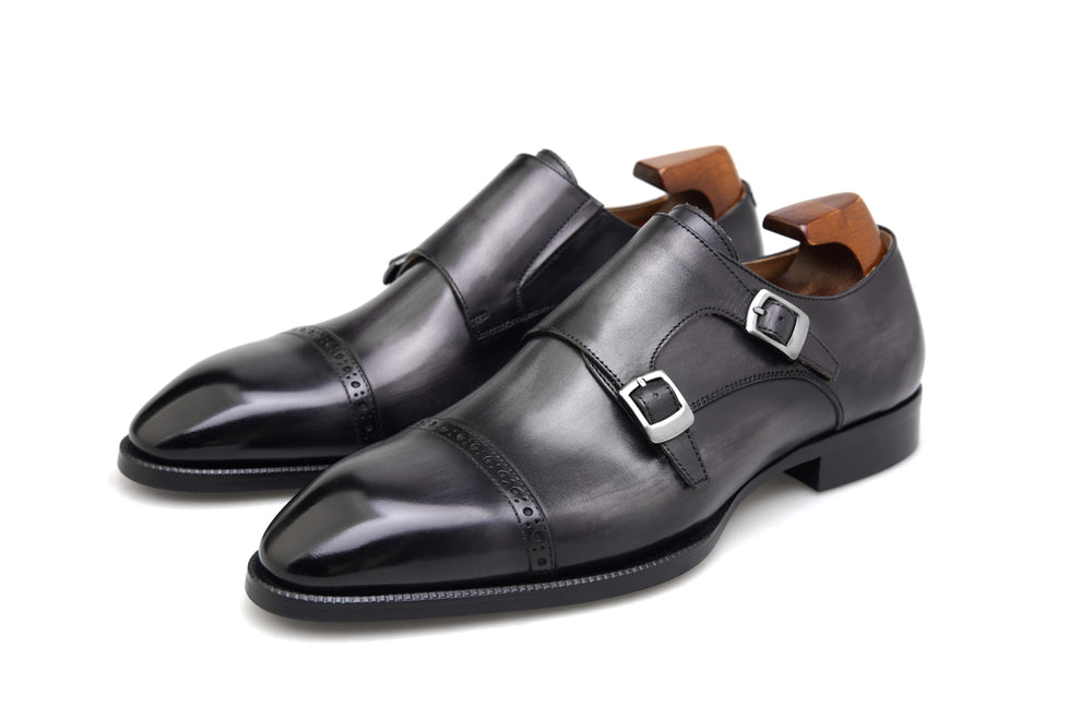 LUSSO & FINO | Elegant Gray Leather double Monk Strap Dress Shoe For Men's