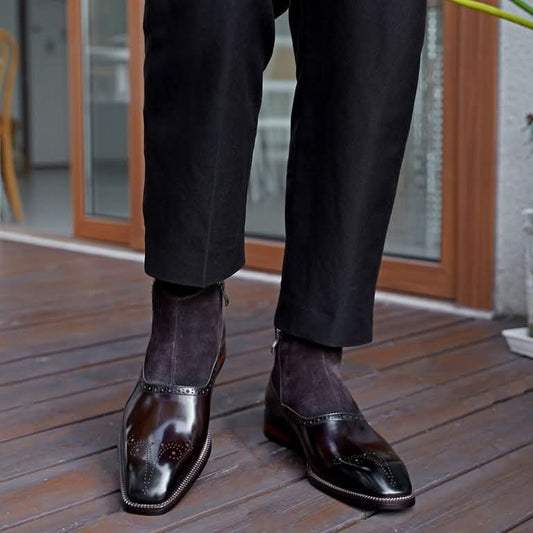 Lusso | FINO Dark Brown and Suede Leather Brouge Chelsea Boot For Men's