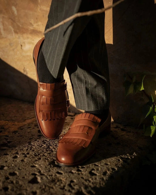 Lusso | FINO  DOPPIO Men's Tan Leather Double Monk Strap Loafers